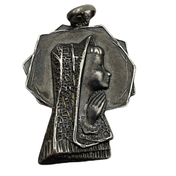Sterling Silver Holy Mother Mid Century Pendant. Modernist Style Catholic Design. Made in Italy by Unoaerre (Uno A Erre) Circa 1950s.