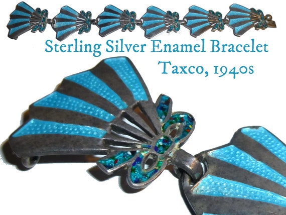 Sterling Silver Bracelet. Pretty Blue Champlevé E… - image 1