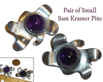 Pair of Sam Kramer Signed Modernist Brooches. Vintage Greenwich Village Artist circa 1950s. Sterling Silver and Amethyst Pin. TWO PINS