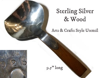 Large Arts & Crafts or Mission Style Spoon Utensil. Sterling Silver and Wood. 9" Long. Beautifully Done Hand Hammered.