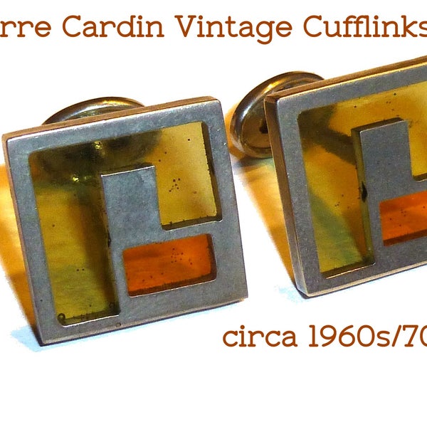 Vintage Pierre Cardin Cuff Links. Metal and Acrylic Window Pane Design. Geometric Light Green & Orange. Circa 1960s Mod Chic.