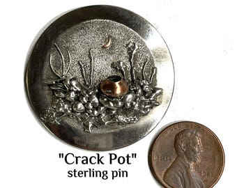 Sterling Silver & Copper "Crack Pot" Vintage Brooch or Pendant. High Relief Clever Word Play Jewelry.