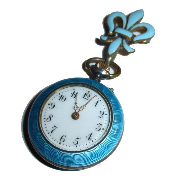 Antique Swiss 800 Silver & Blue Guilloche Enamel Ladies Watch.  Pendant Style Pocket Watch.  Swiss Made. Pin Set. Circa 1900.