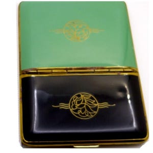 Vintage Richard Hudnut Compact & Cigarette Case Combo. Green Black Enamel on Brass. AS IS, Has Corrosion inside. But Pretty.