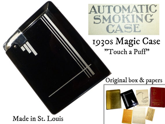 Art Deco Magic Case Automatic Cigarette Case and Lighter. Touch a Puff  Original Box, Instructions. 1939. NOT TESTED Needs Flint & Fluid. 