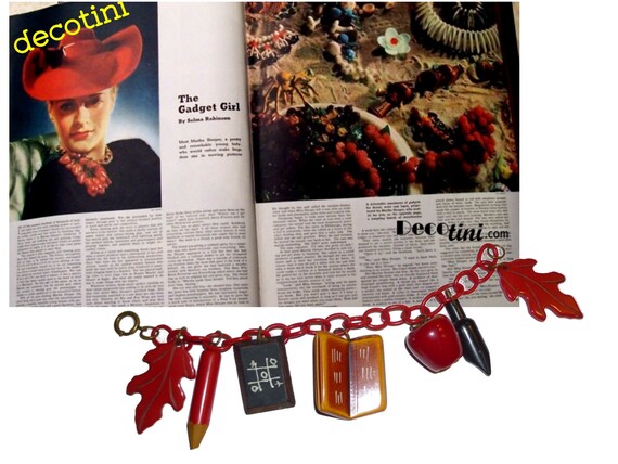 Vintage Bakelite School Days Charm Bracelet, Apple, Book, Pencil