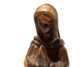 Vintage Olive Wood Carved Blessed Mother Mary Figure, from the Holy Land. Eight Inches Tall.