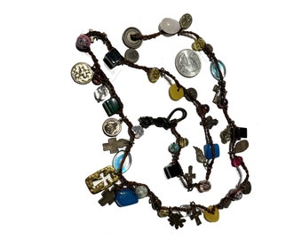 Vintage Charm Necklace, Teeny Glass Baubles, Religious Medals, Crosses, 30"