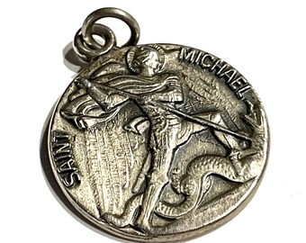 Archangel SAINT MICHAEL Medal. Very Detailed Vintage Catholic Sterling Silver Charm or Pendant. Dramatic with Lancing of the Serpent Devil.