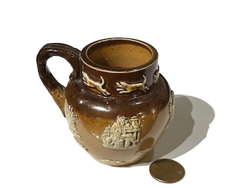 Antique Royal Doulton Lambeth Miniature Harvest Ware Open Salt Pot X2091. Made in  Victorian London. 3" Tall,  Running hounds, etc