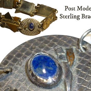 Post Modern Brutalist Bracelet. Sterling Silver and Semi-Precious Stones. 7.25&quot; long. Signed &quot;STERLING MA&quot;.