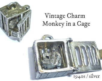 Vintage Monkey in Cage /  Silver Charm.  Movable Mechanical  Charm 1940s. Rare & Unusual