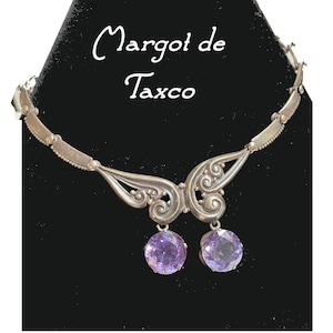 Margot de Taxco Sterling Silver & Amethyst Necklace. Signed. 1950s. Mexico. Design #5344 . For SMALL NECK