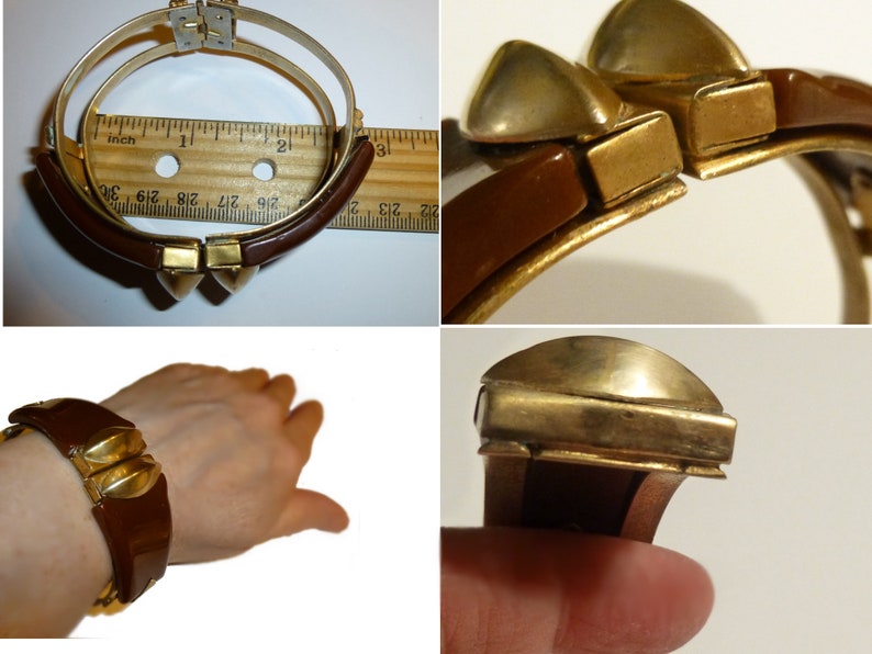 May include: A brown bakelite bangle bracelet with gold-tone metal accents. The bracelet has a hinged closure and features a geometric design.