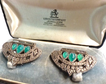 French Art Deco Silver & Marcasite Shoe Clips Pair. Vintage Made in Paris France 1930s. Greens Stones Chrysoprase(?). In Chicago LeBolt Box.