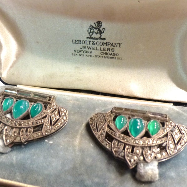 French Art Deco Silver & Marcasite Shoe Clips Pair. Vintage Made in Paris France 1930s. Greens Stones Chrysoprase(?). In Chicago LeBolt Box.