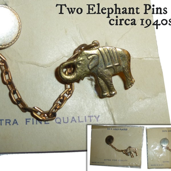 TWO Figural Elephant Brooches. Vintage 1940s. 14K Gold Plated Metal. Original Cards. USA