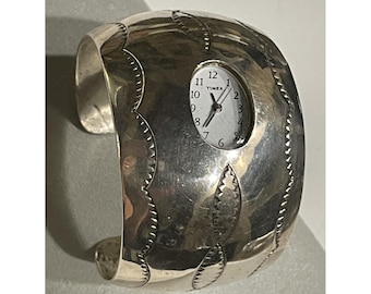 Vintage Sterling Silver Navajo Cuff with Ladies Watch.  Signed with Maker's Mark of  Alice McShirley.