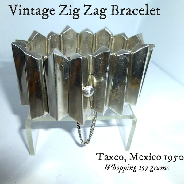 Vintage Mexican Silver Zig Zag Bracelet.  Dramatic and Heavy 157 Gr Sterling. For Wrist up to 7". Antonio Pineda Design. Signed RTA. 1940s