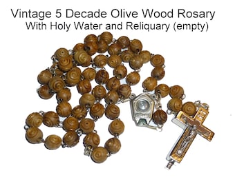 Vintage Olive Wood 5 Decade Rosary with Sliding Reliquary Crucifix (empty). Centerpiece is Holder for Water from Jordan River. Jerusalem.