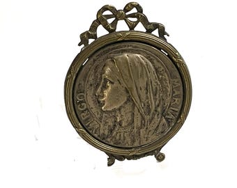 Vintage Easel Back Metal "Virgo Maria" Icon, Catholic Holy Mother Plaque