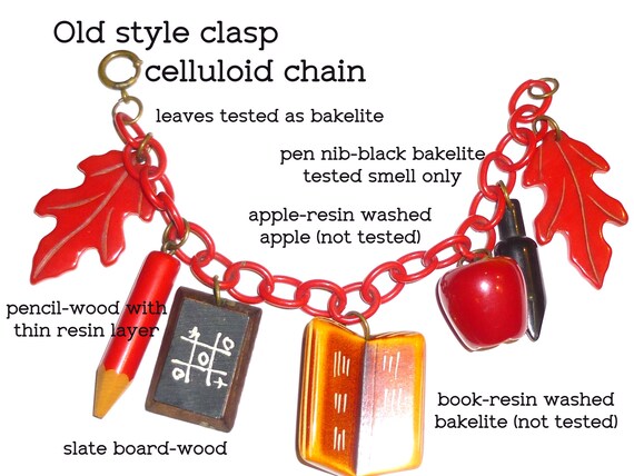 Vintage Bakelite School Days Charm Bracelet, Apple, Book, Pencil