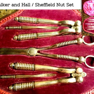 Victorian Walker & Hall Dessert Set, Nutcrackers, Grape Scissors, Fitted Box