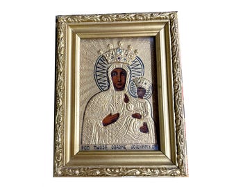 Vintage Black Madonna Icon 7"x9" Mid Century Polish Catholic Folk Art, Our Lady of Czestochowa Gesso Shadowbox, Religious Gold Home Altar
