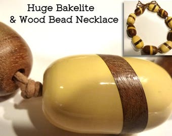Huge Bakelite & Wood Bead Necklace. 1.5" Long Beads on Leather Cord. 1940s Vintage Statement Necklace. Deluxe Bakelite for Collectors.