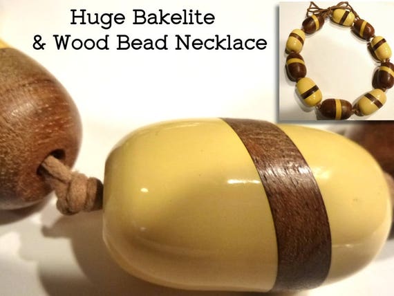 Huge Bakelite & Wood Bead Necklace. 1.5" Long Bea… - image 1