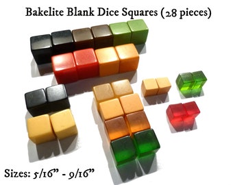 28 Bakelite Square Dice Blank Cubes for Crafting, Jewelry, Display. Various Colors and Sizes (5/16" to 9/16"). Vintage Tested.