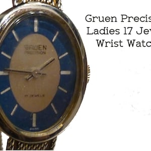 Vintage Gruen Precision Ladies Watch.  17 Jewels. Blue Face. Runs. Circa 1950s. Cloudy Crystal.