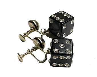Bakelite Dice Earrings. Black with Rhinestones. 1940s. Screw On. Vintage