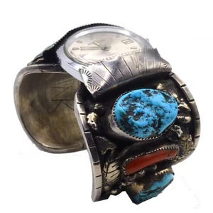 Vintage Cuff Watch Band Bracelet. HUGE Turquoise & Tested Silver Bracelet Marked WK. American Southwest Navajo Style. Requires A Large Wrist