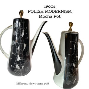 May include: Two ceramic mocha pots with black and white surfaces featuring white line drawings of geometric shapes and swirls. Each pot has a tall, slender body, a curved handle, a long spout, and a gold-toned lid finial. Text reads 1960s POLISH MODERNISM Mocha Pot.