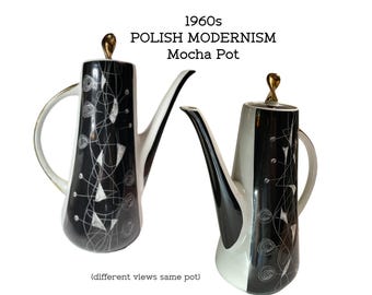 1960s Chodziez Space Age Coffee or Mocha Pot .  Polish New Look Porcelain Sgraffito Abstract Geometric Mid Century Modern