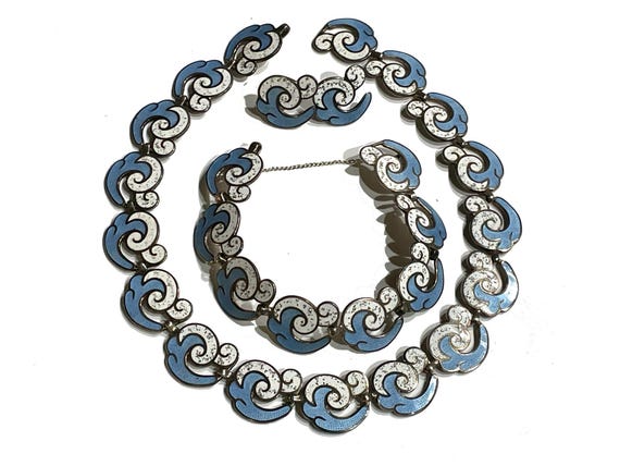 Margot de Taxco Enamel Sterling Silver Jewelry Set, Mexican Vintage 1950s