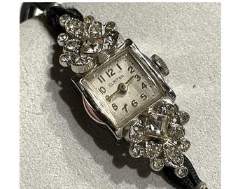 CLINTON Vintage Women's Tiny Cocktail Watch. RUNS! Manual Wind. Short Band / Small. 5.75" wrist. Vintage circa 1950s.