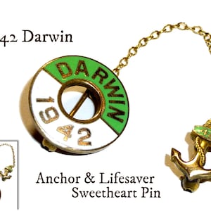1942 DARWIN Pin. Tiny Double Pin with Enameled Life Saver and Anchor. Could be WWII Sweetheart Pin. Darwin, Australia