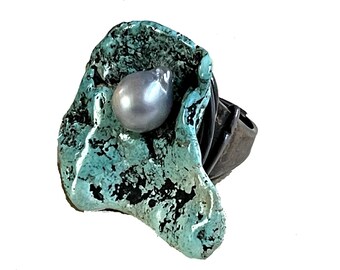 Brutalist Sterling Silver Turquoise Pearl Ring - Rebajes Hand-Wrought Design, 1950s