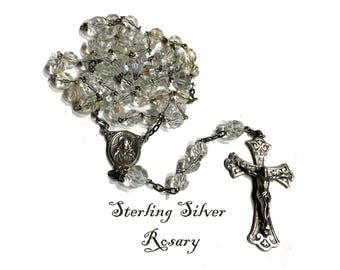 Vintage Sterling Silver Rosary, Aurora Borealis Beads, Catholic Prayer Beads