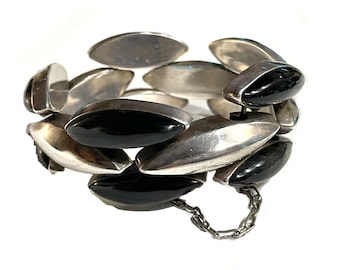Modernist Mexican Sterling Silver Bracelet, Black Cabochons, 1940s. 72 grams
