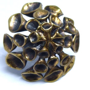 May include: A large, circular, bronze ring with a textured, organic design. The ring is made up of many small, rounded shapes that resemble flowers or coral.