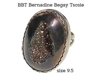 Vintage Sterling Silver Ring, Metallic Druzy Quartz Geode, BBT Bernadine Begay Tsosie, Navajo. Size 9.5