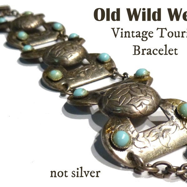 Old West Style Vintage Link Bracelet. Fred Harvey Era Tourist Souvenir Bracelet. Circa 1940s NOT SILVER.  Old with Tarnish. 7" wrist.