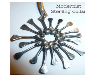 Vintage Handwrought Sterling Silver Collar Necklace, Modernist Starburst Design