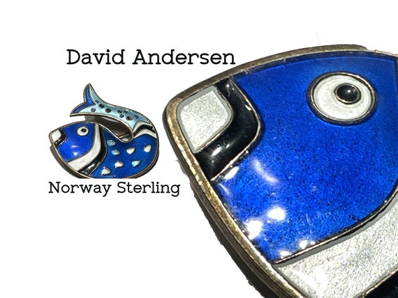 Blue Enamel & Sterling Silver Fish Brooch. Vintage Pin Signed DA
