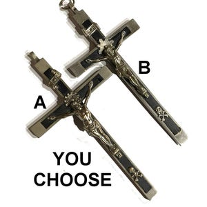 Victory over Death Jesus Christ. YOU CHOOSE Vintage or Antique Crucifix Pectoral Cross.  Skull & Crossbones. 6&quot;  Ebony and White Metal.