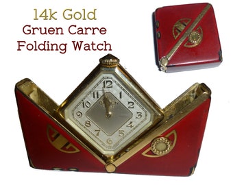 1930s Art Deco 14k Gold Gruen Carre Folding Watch, Red Chinoiserie