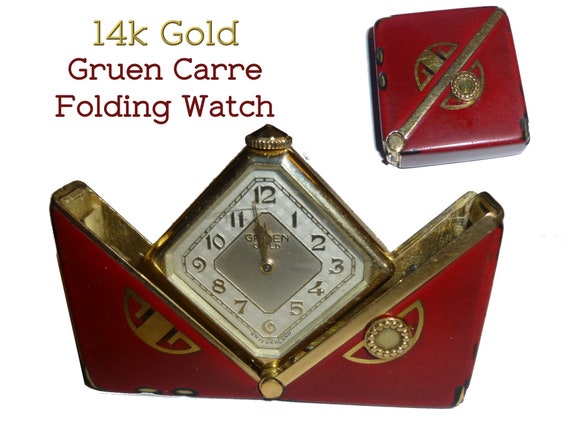 小物入れ ART DECO vintage WFace 1930s Art Deco 14k Gold Gruen Carre Folding Watch, Red Chinoiserie